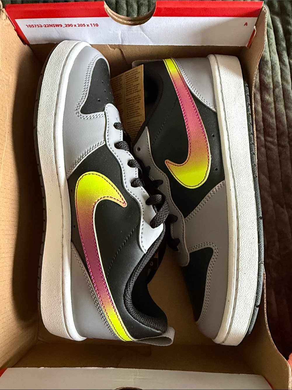 Nike Women's Low-Top Athletic Sneakers - Black, Gray with Pink-to-Yellow Swoosh